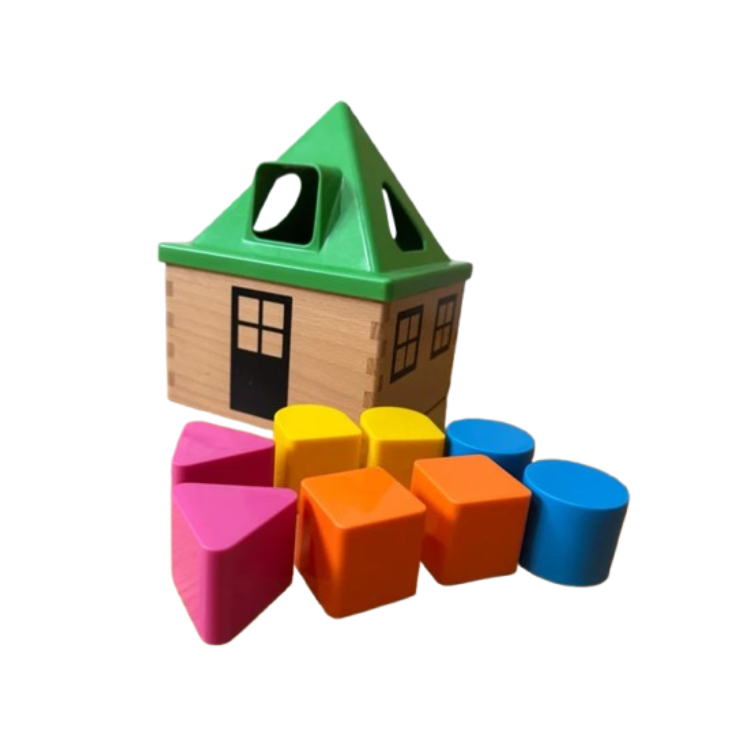 Casa encajable de madera con formas geométricas y piezas de colores