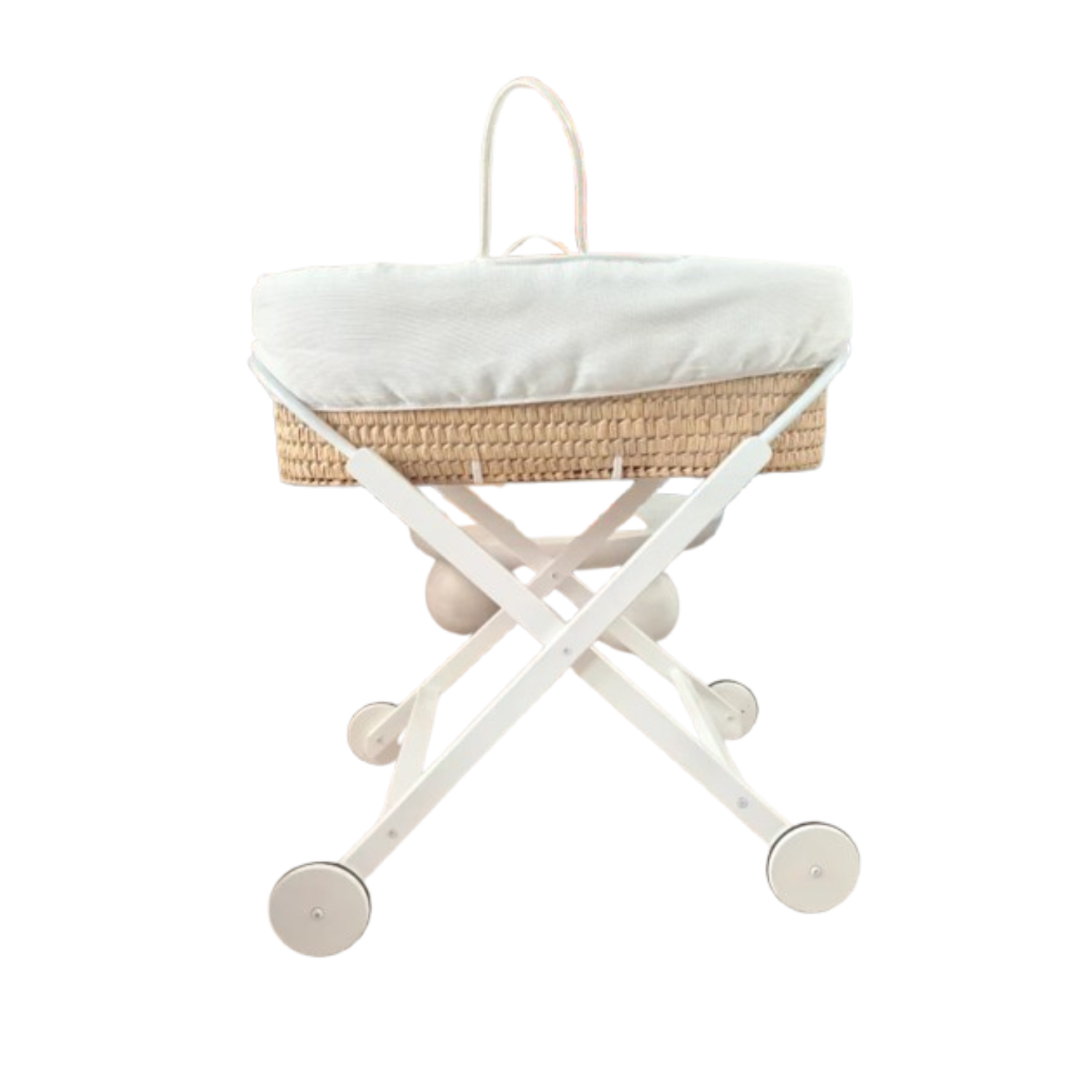 Cuco de mimbre con soporte de madera blanco plegable y ruedas