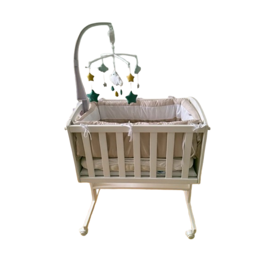 Minicuna de madera blanca con ruedas, lateral de colecho y móvil