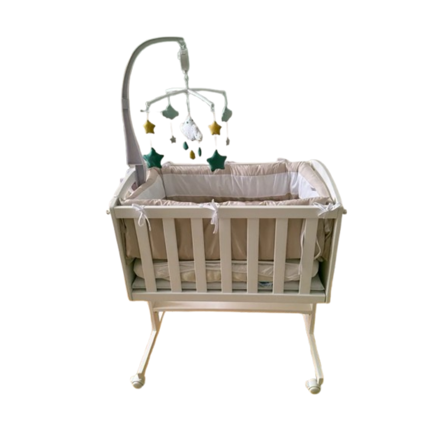 Minicuna de madera blanca con ruedas, lateral de colecho y móvil