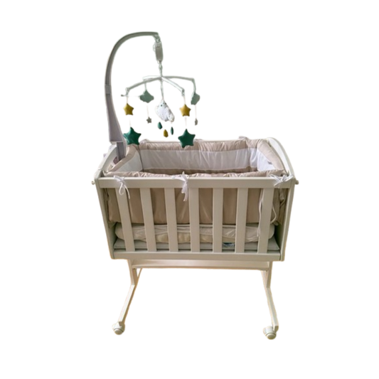 Minicuna de madera blanca con ruedas, lateral de colecho y móvil