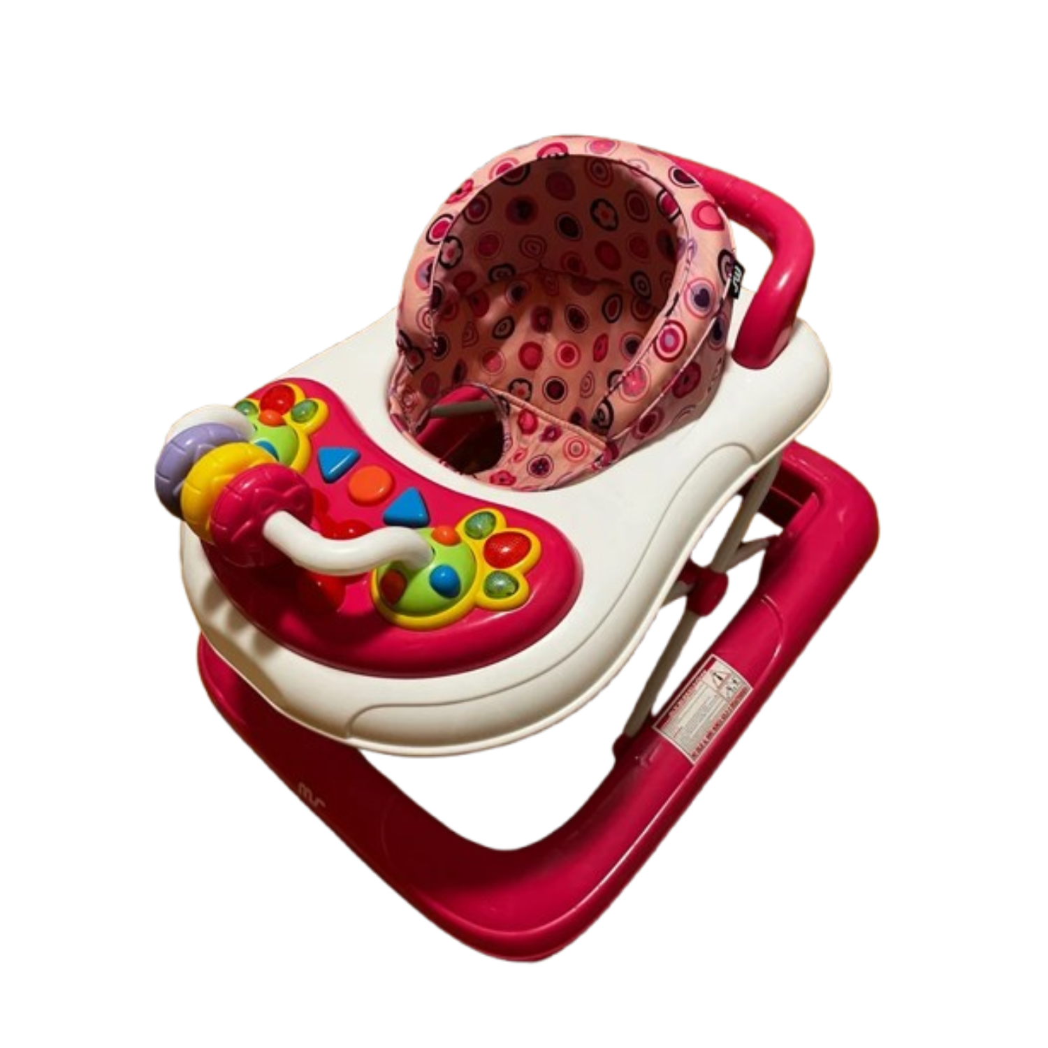 Andador de bebé MS color rosa con asiento acolchado y bandeja de juegos